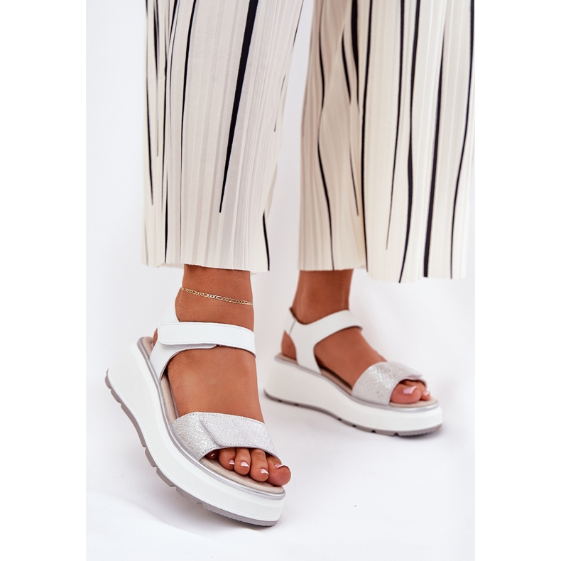 S.Barski Piattaforma di sandali in pelle femminile e zeppe in velcro S. Barski LR51-543 Silver d'argento 2