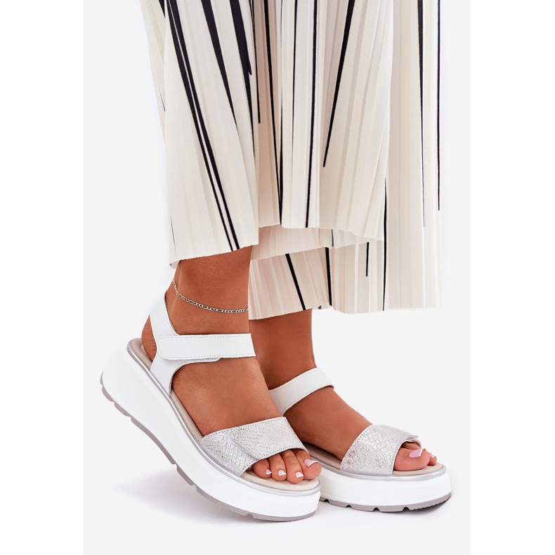 S.Barski Piattaforma di sandali in pelle femminile e zeppe in velcro S. Barski LR51-543 Silver d'argento 1