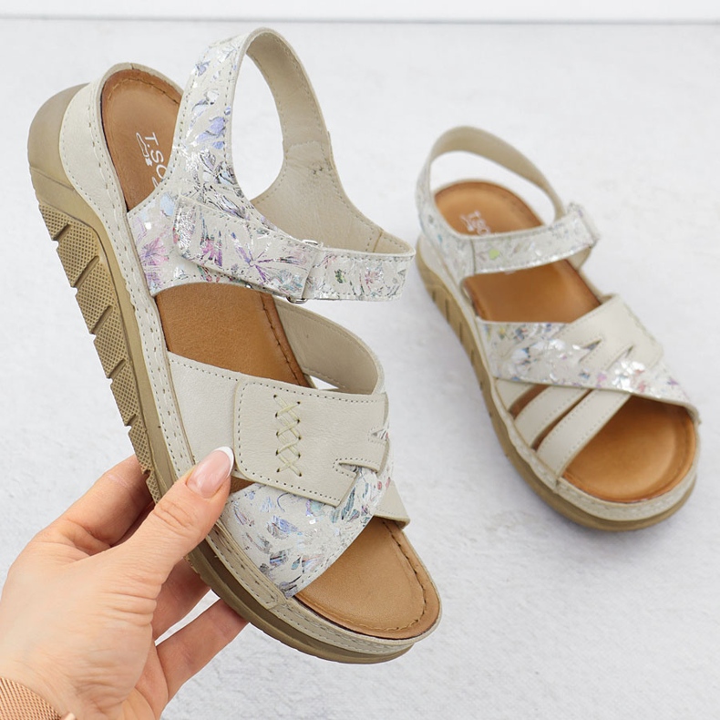 Cuoio sandali in velcro comodi con fiori beige t.sokolski L25-173 1