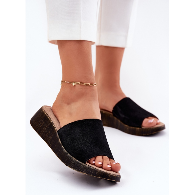 Flip di pelle scamosciata femminile sul panto Fino rr267043 zeppe nere nero 2