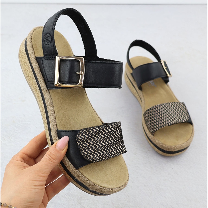 Sandali in pelle femminile su cuneo Velcro Rieker V0951 nero 1