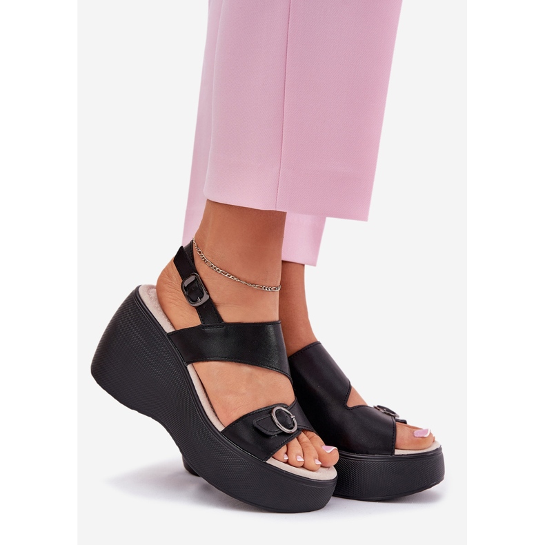 S.Barski Sandali in pelle femminile su cuneo e piattaforma S. Barski LR51-540 Nero 1
