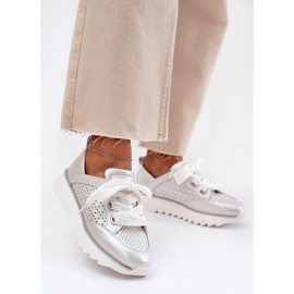 S.Barski Sneaker in pelle da donna sulla piattaforma d'argento LR51-796 2