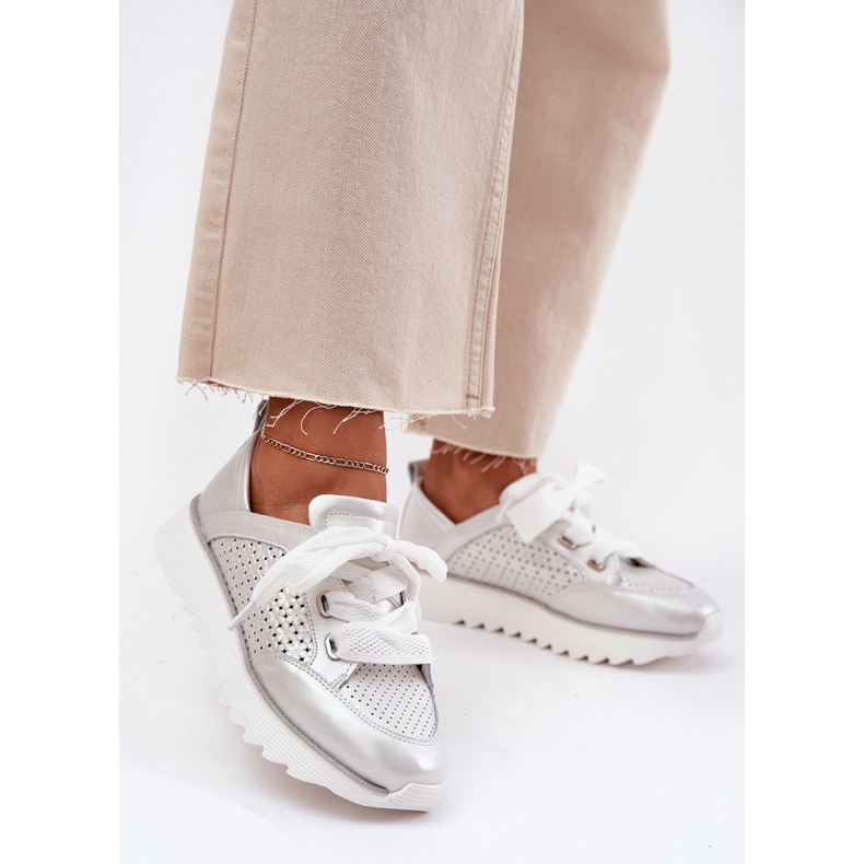 S.Barski Sneaker in pelle da donna sulla piattaforma d'argento LR51-796 2