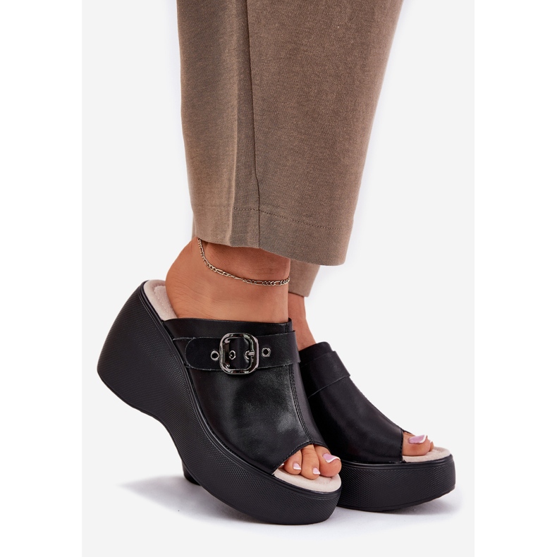 S.Barski Flip in pelle femminile Flip sulla piattaforma e cuneo con fibbia S. Barski LR51-542 Black nero 1