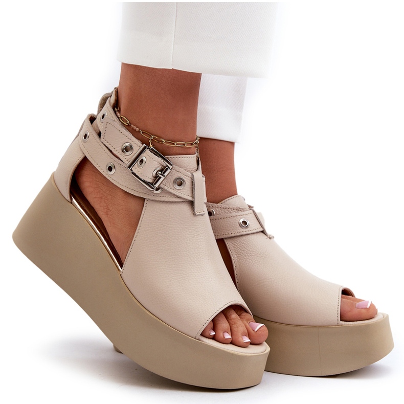 Zazoo 1732 Sandali con zeppa in pelle, Beige 4