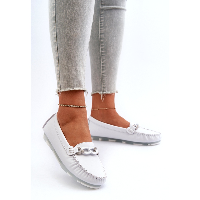 Mocassini Da Donna In Pelle Con Decorazione, Bianco S.Barski LR339 2