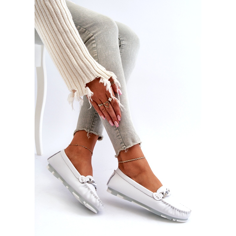 Mocassini Da Donna In Pelle Con Decorazione, Bianco S.Barski LR339 4