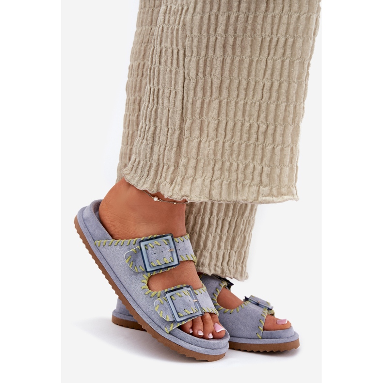 Inna Infradito da donna con fibbie e orlo blu decorativo 1