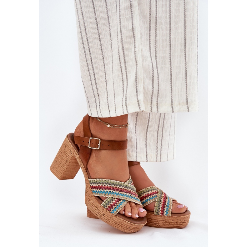 Sandali in pelle sul pilastro con treccia su Zazoo 40460 Brown Stripes marrone 1