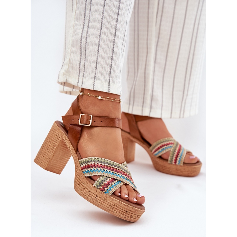 Sandali in pelle sul pilastro con treccia su Zazoo 40460 Brown Stripes marrone 2