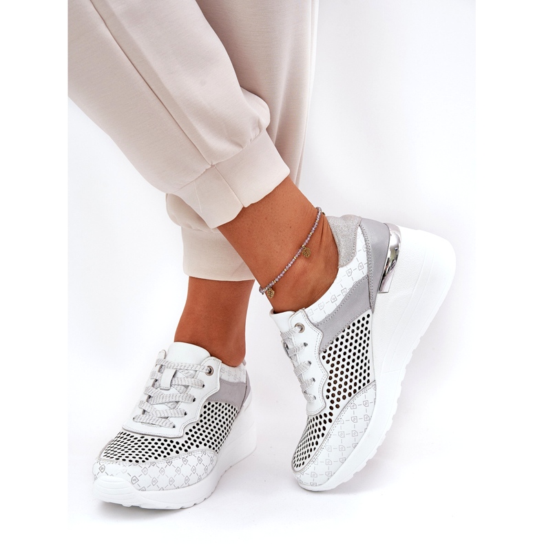 Scarpe sportive in pelle Openwork Sneaker su Wedge S.Barski LR51-641 White bianca 1
