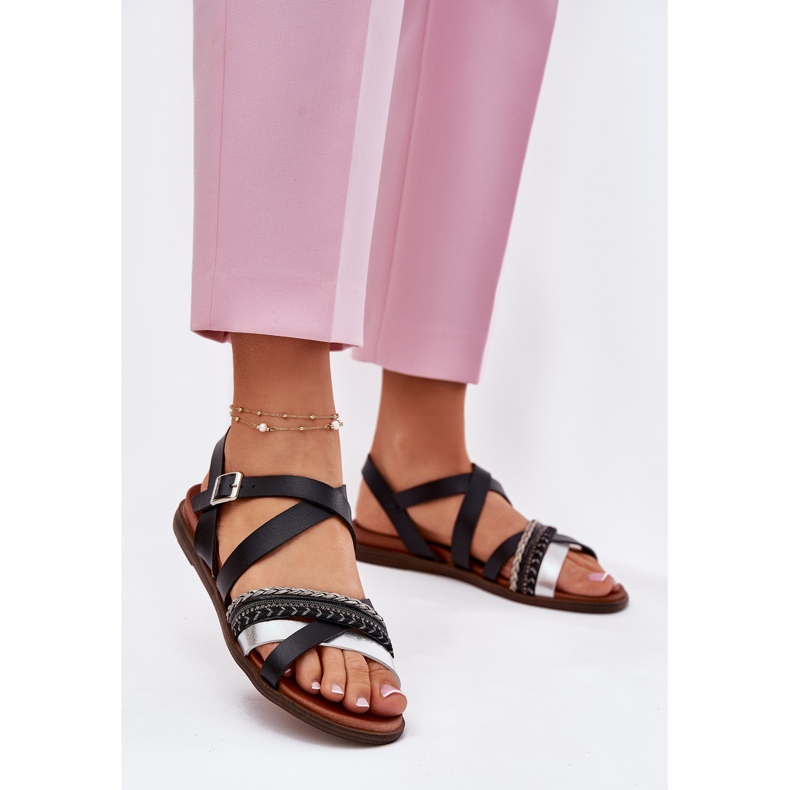 Sandali piatti da donna con Sergio Leone SK087H Stripes nero 2