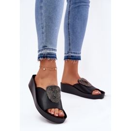S.Barski Pantofole in pelle femminile con un ornamento kv51-028 nero 2