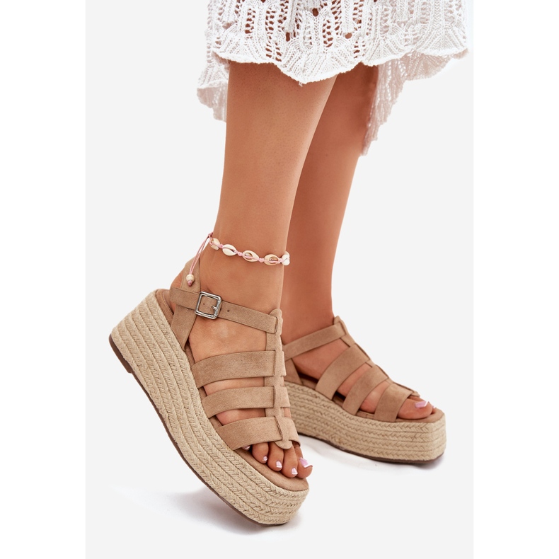 Sandali femminili con strisce e treccia kaki beige 1