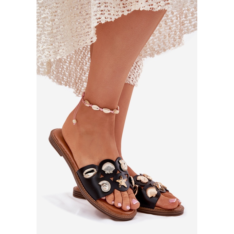 Flip da donna a ruote piatte con pin dorate nere nero 1