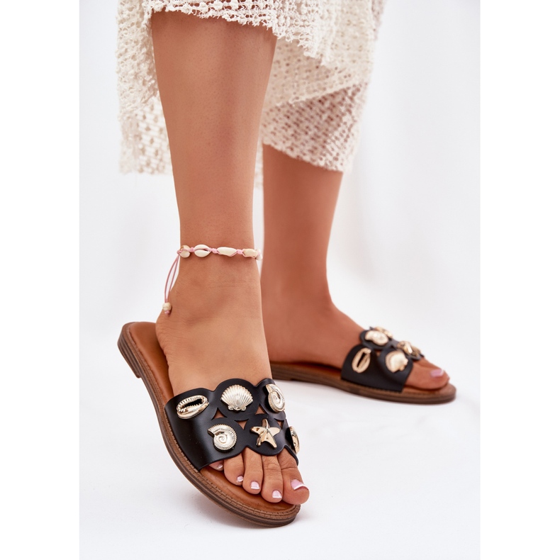 Flip da donna a ruote piatte con pin dorate nere nero 2