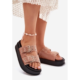 Infradito da donna con fibbie dorate sulla piattaforma beige rosa 1
