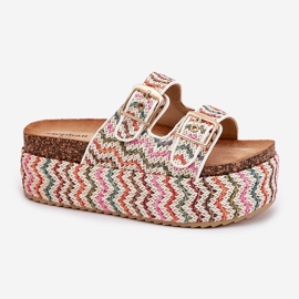 Pantofole da donna su una piattaforma enorme con fibbie a treccia e multicolore bianca 1