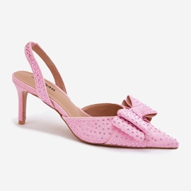 Tacchi alti decorati con un tacco aperto e un fiocco rosa 1