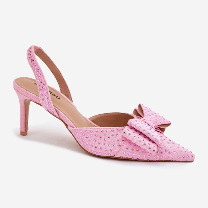 Tacchi alti decorati con un tacco aperto e un fiocco rosa 1