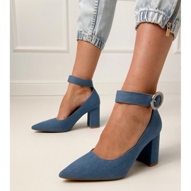 Pompe in denim sul palo con fibbia e zirconi blu 1