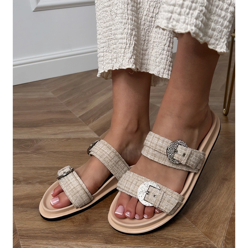 BEIGE Flip Flip con strisce e zirconi sui morsetti 1