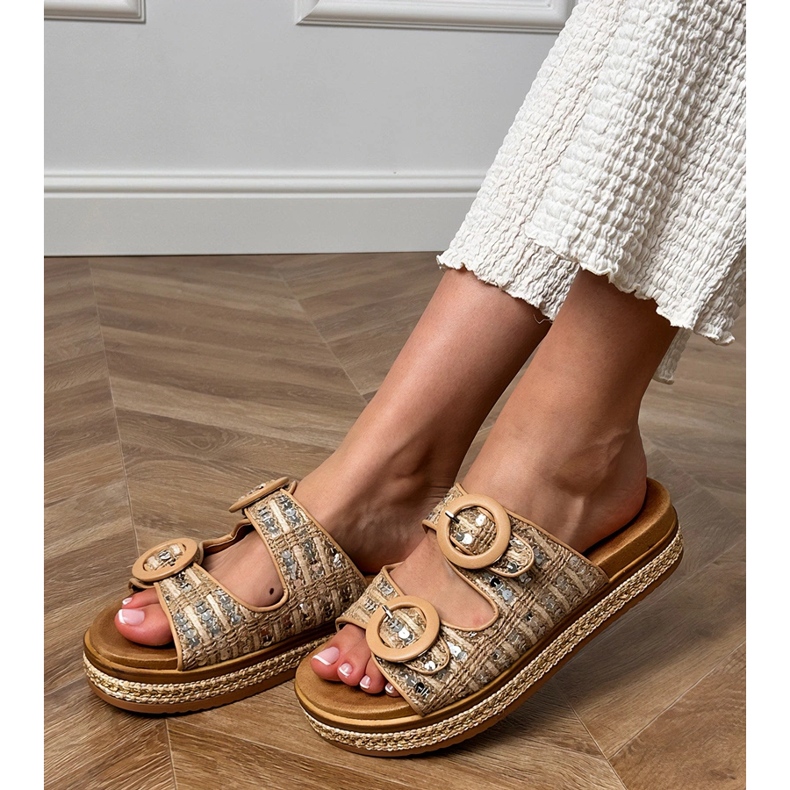 Flap intrecciati beige con paillettes su strisce 1
