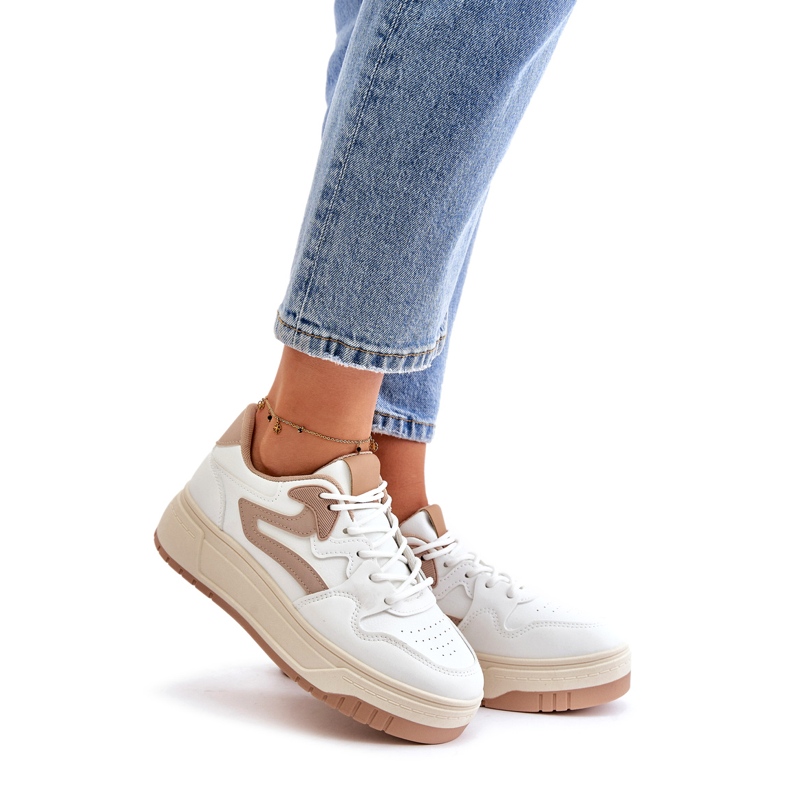 Sneakers da Donna in Eco Pelle sulla Piattaforma Bianca e Beige Henizore 1
