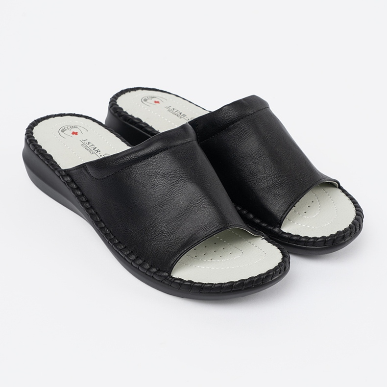 J. Star Pantofole da donna nera con un inserto in pelle nero 2