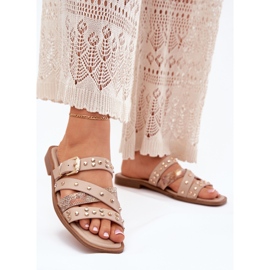 Flip da donna a ruote piatte da donna decorate con strisce e un morsetto beige 2