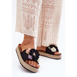 Infradito da donna con la piattaforma di fiori con treccia nera nero 2