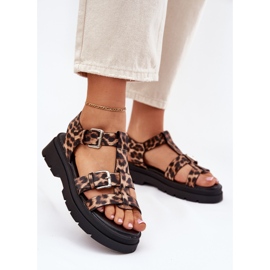 Sandali in pelle eco femminile con morsetti con fibbia leopardo beige 2