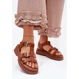 Sandali in pelle eco femminile con fibbie di cammello marrone 2