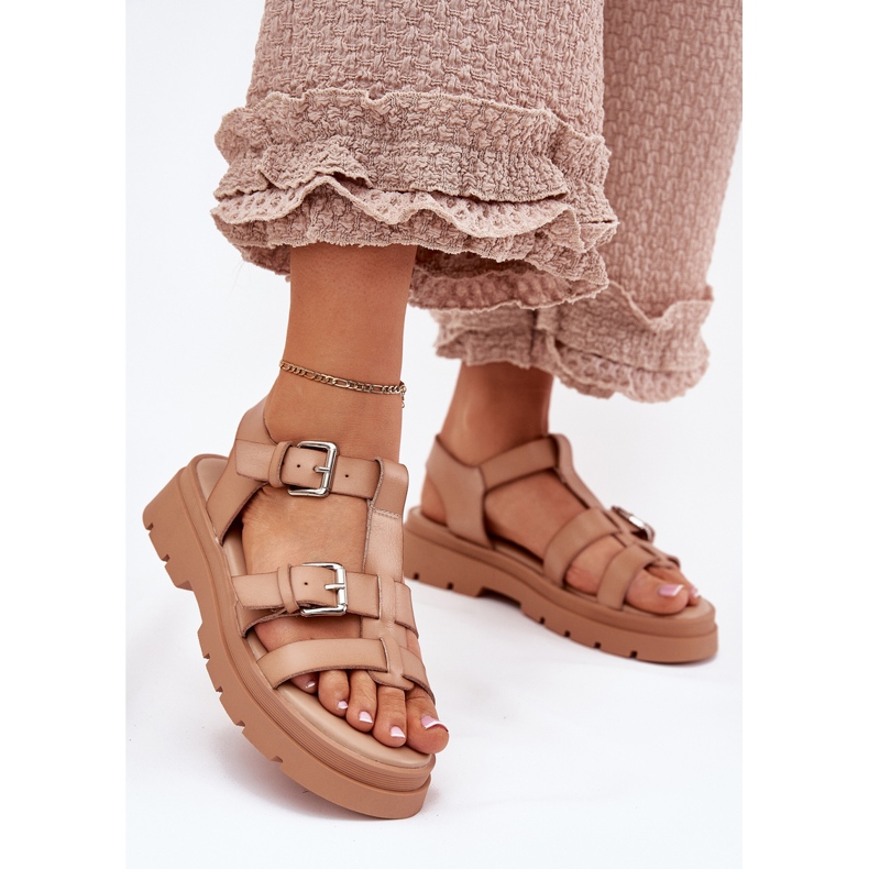 Sandali in pelle eco femminile con fibbie kaki beige 2