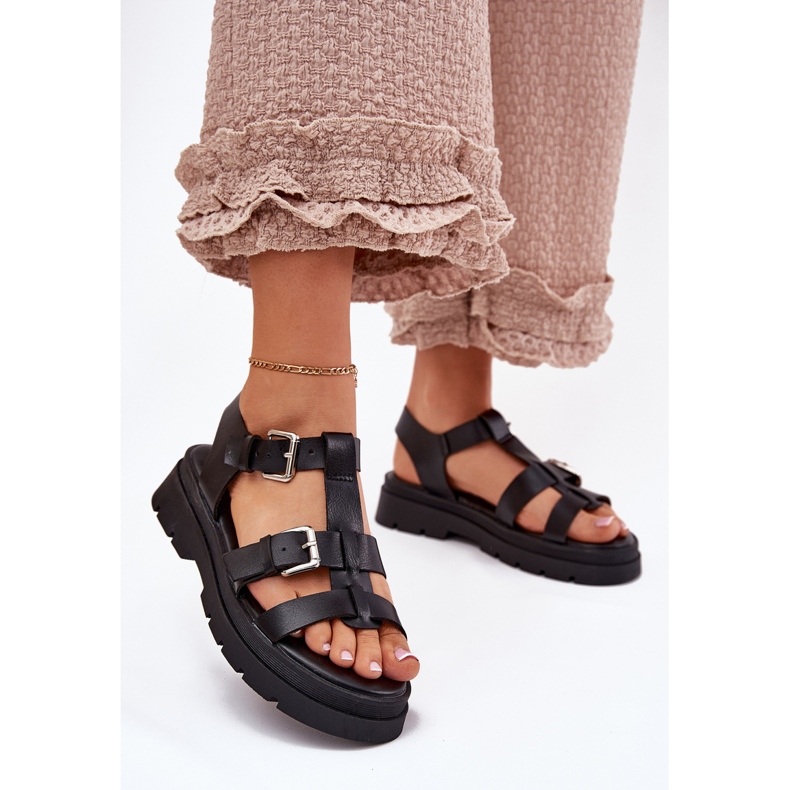 Sandali in pelle eco femminile con fibbie nere nero 2