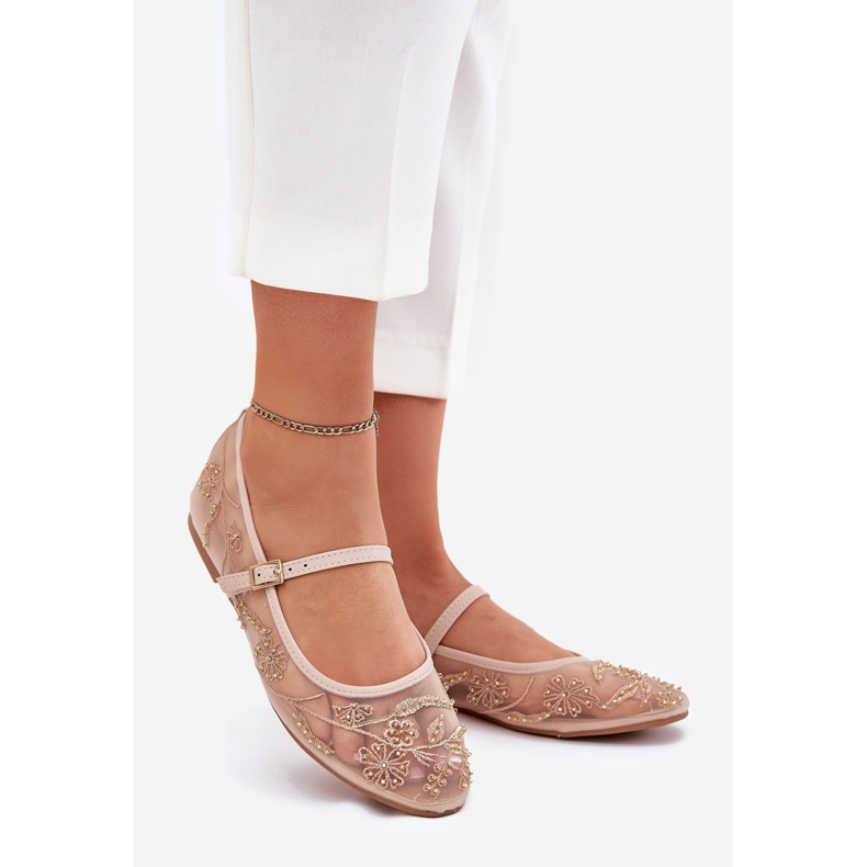Ballerine in mesh con ricami e decorazioni beige 1