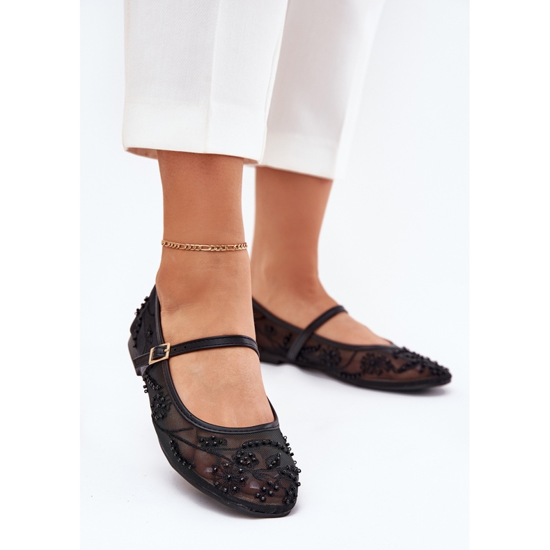 Ballerine in mesh con ricamo e decorazione nera nero 2
