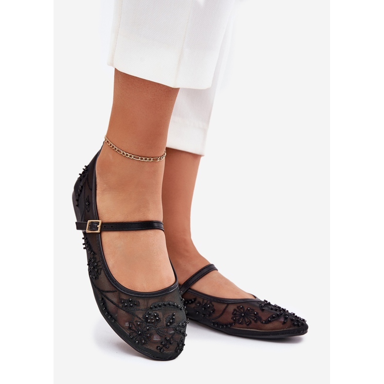 Ballerine in mesh con ricamo e decorazione nera nero 1