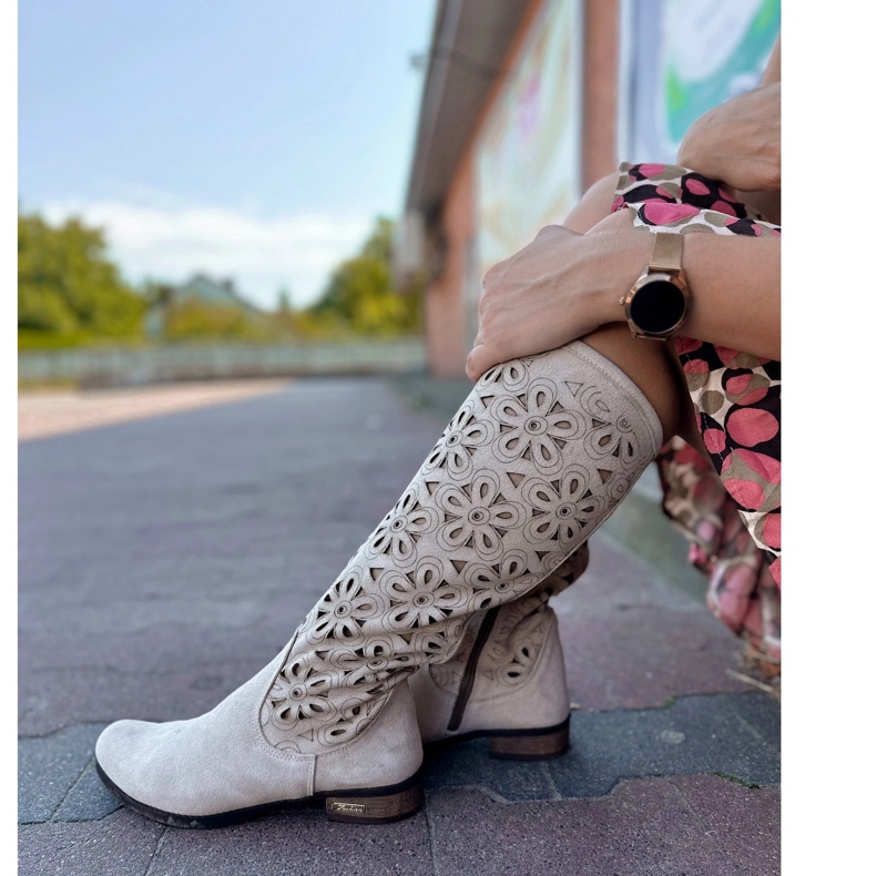Olivier Stivali in pelle aperta beige leggera da donna 2