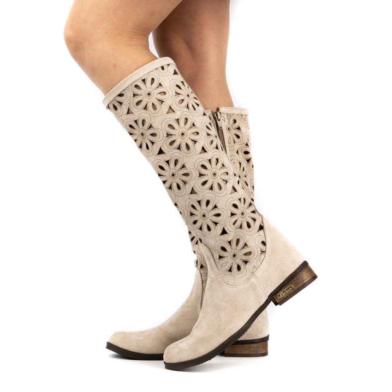 Olivier Stivali in pelle aperta beige leggera da donna 3