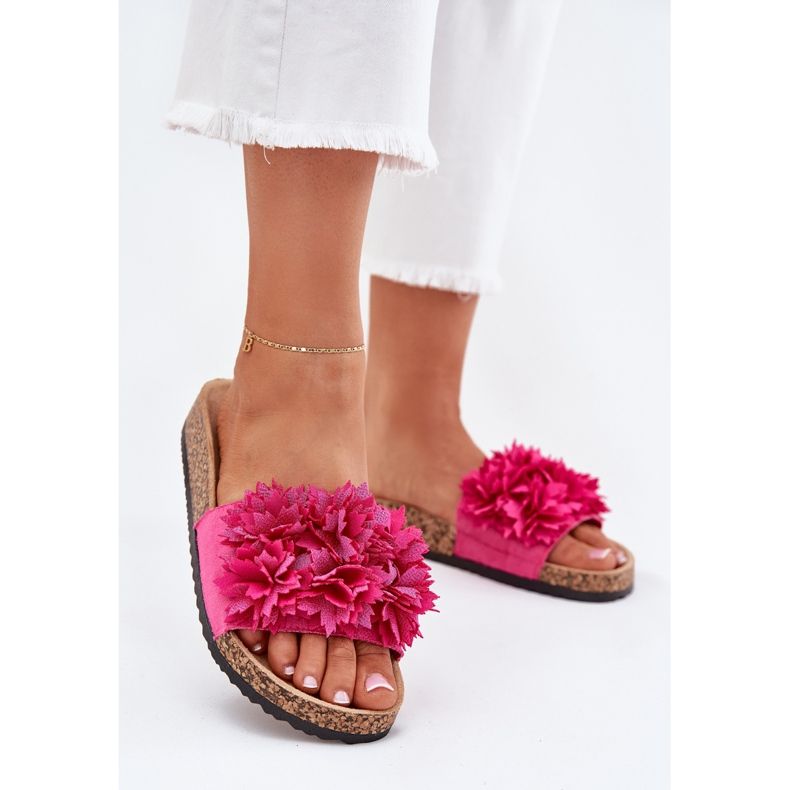 Infradito da donna su una suola di sughero con fiori fucsiani rosa 2