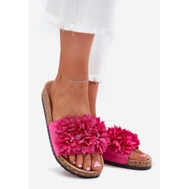 Infradito da donna su una suola di sughero con fiori fucsiani rosa 1
