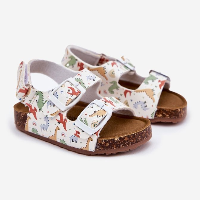 Sandali per bambini su una suola di sughero con fibbie dinosauri multicolore bianco 1
