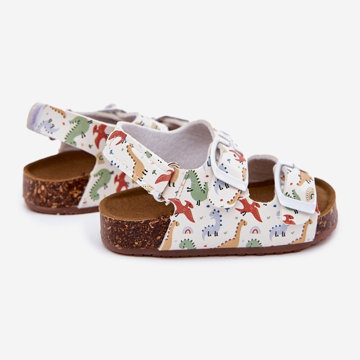 Sandali per bambini su una suola di sughero con fibbie dinosauri multicolore bianco 2