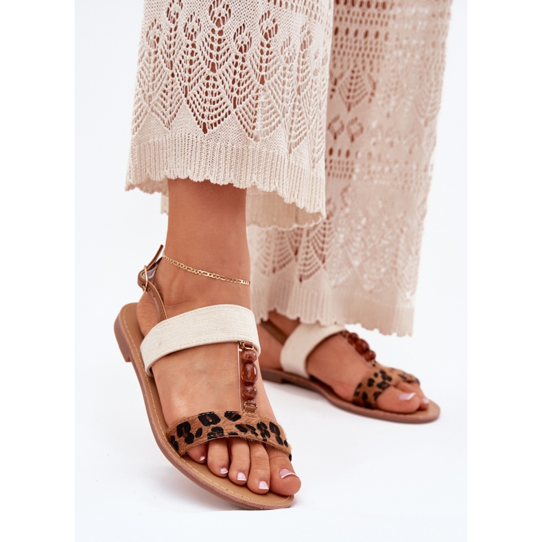 Sandali da donna piatta con perline di stampa leopardo marrone 2