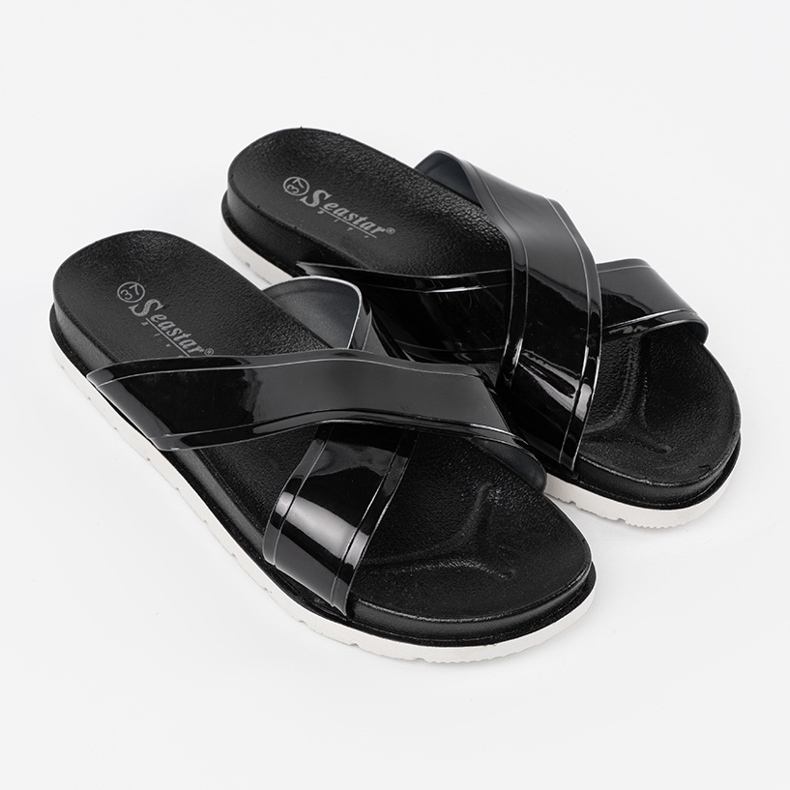 Seastar Pantofole da donna nera con strisce verniciate nero 2