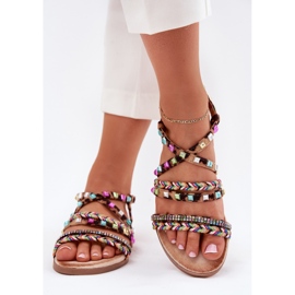 Sandali femminili con decorazione e cinture leopardate intrecciate marrone 2