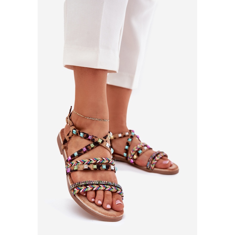 Sandali femminili con decorazione e cinture leopardate intrecciate marrone 1