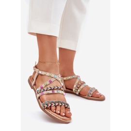 Sandali femminili con decorazione e strisce tessute beige 1